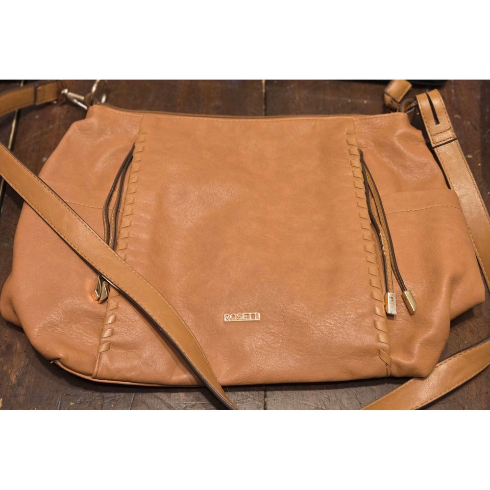 Rosetti Shoulder Tote Bag Womens Medium Cognac Brn Whipstitch Faux Leather Purse